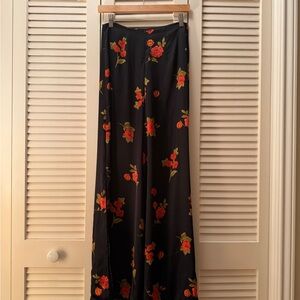 Zara Black Wide Leg Silky Pants with Red Roses
